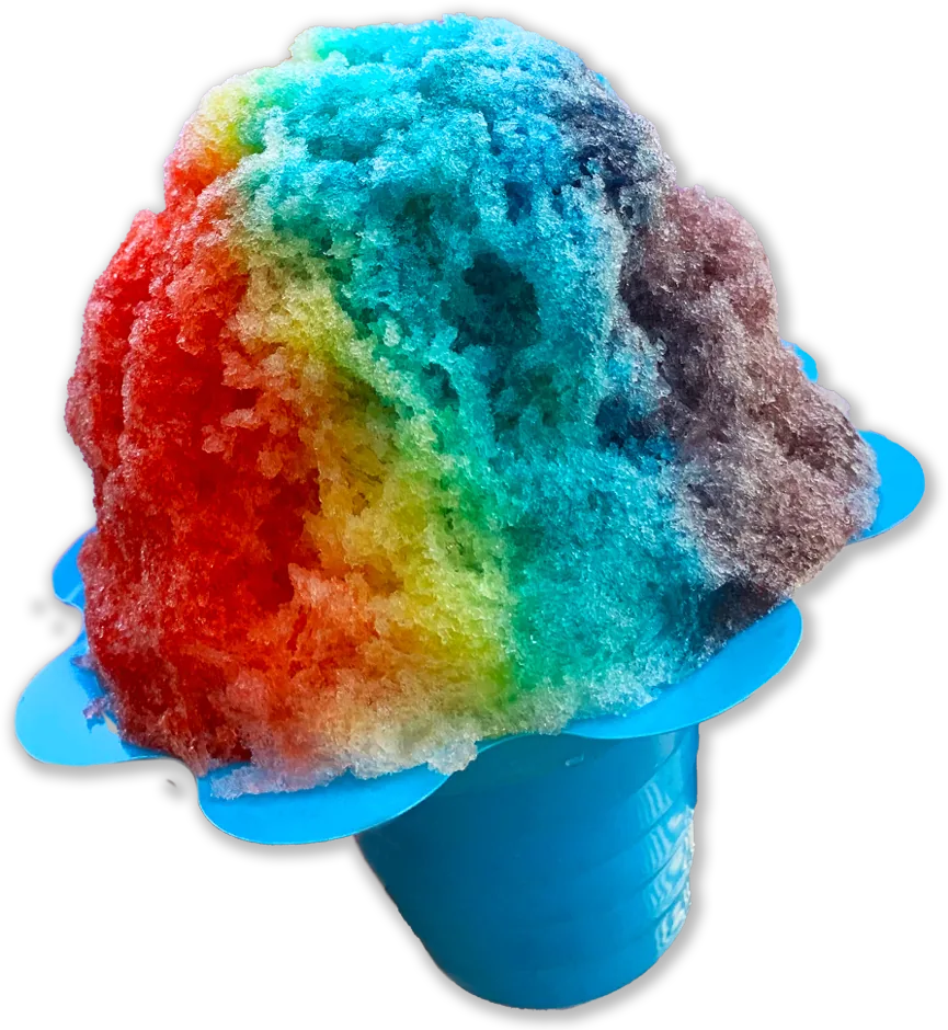 Keiki Rainbow — our signature Hawaiian shave ice in a blue flower cup