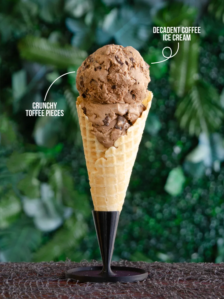 Don’t Fall Asleep coffee ice cream with crunchy toffee pieces in a waffle cone